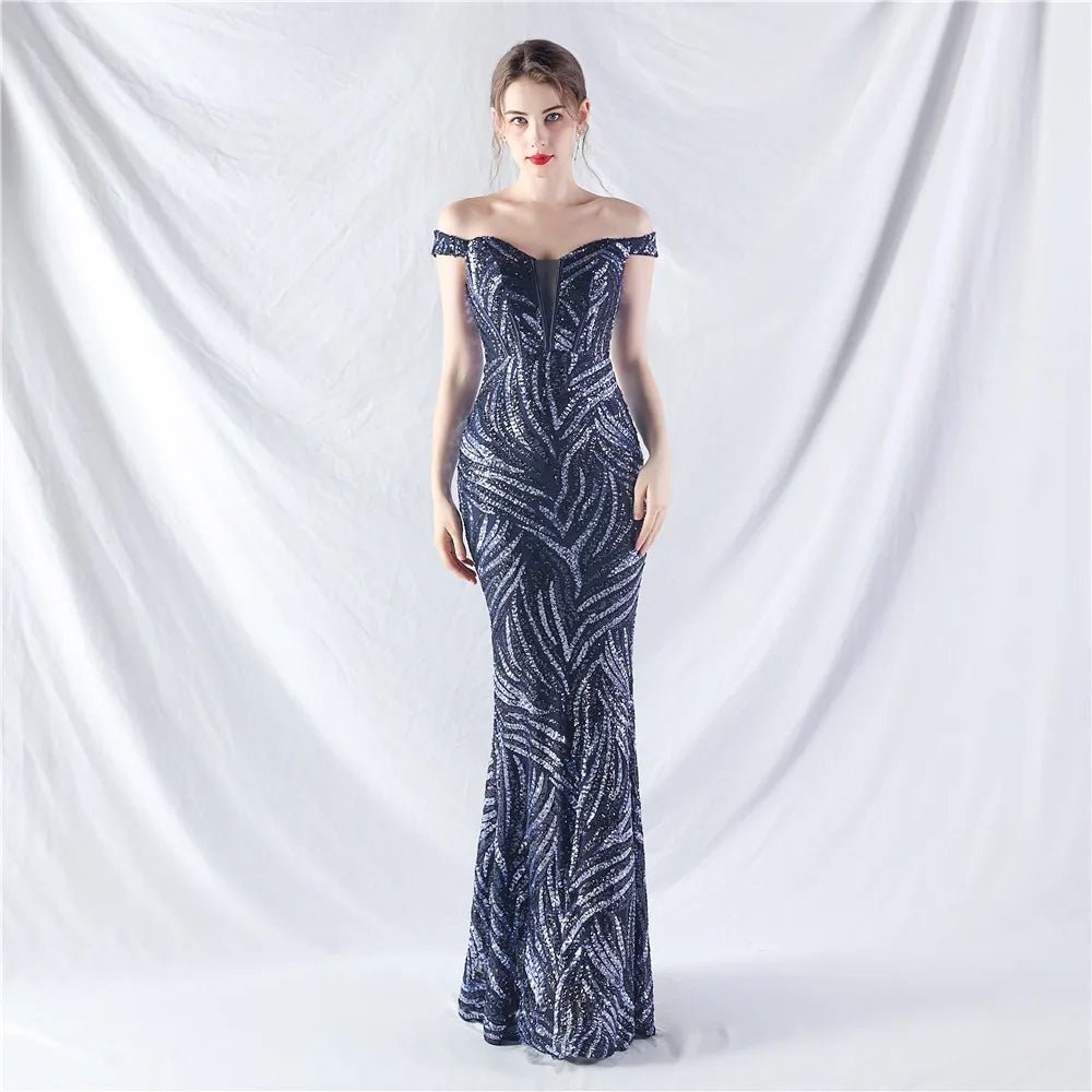 Women's Sequin Formal Evening Gown with strapless neckline and sparkling sequin design for weddings and parties