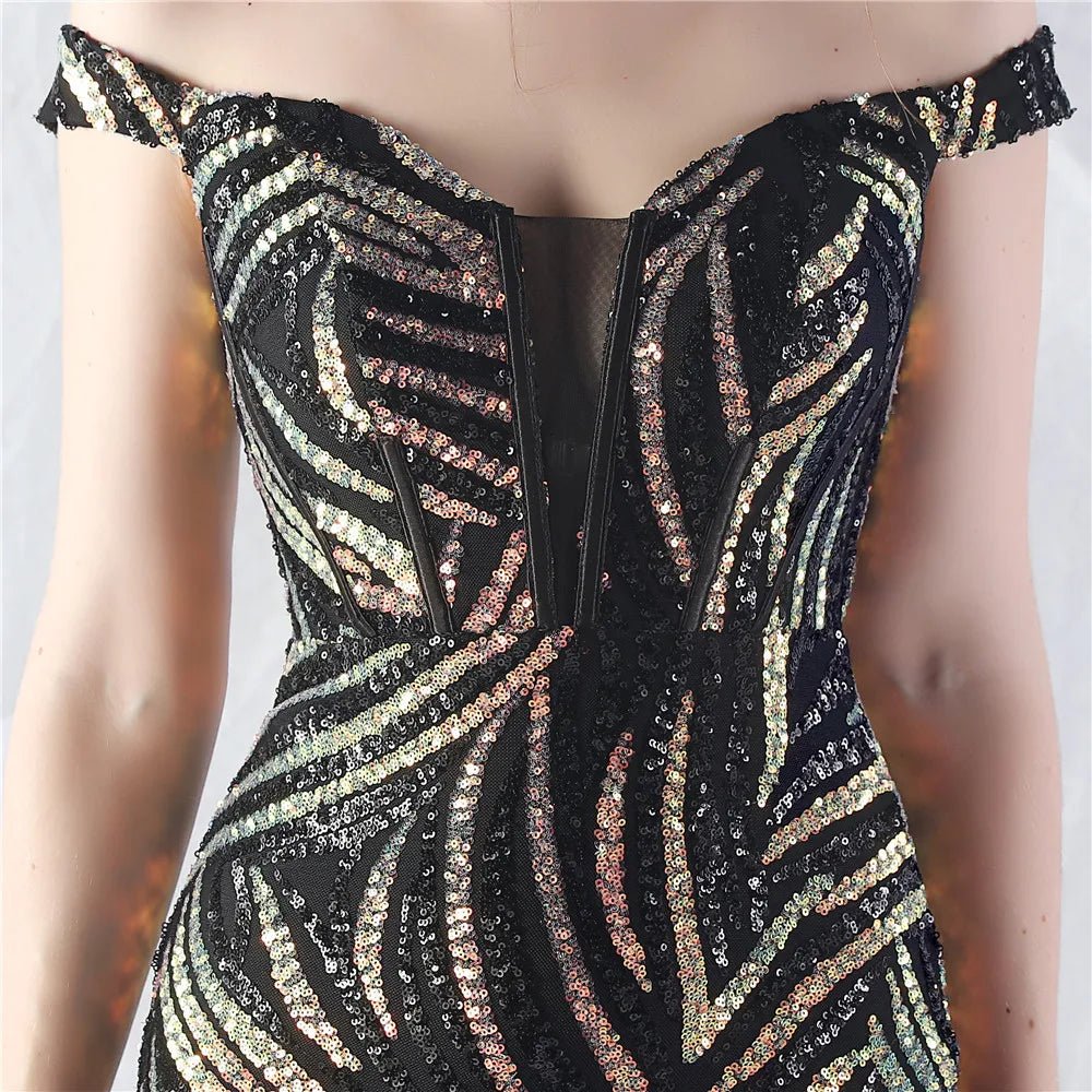 Women's Sequin Formal Evening Gown with strapless neckline and sparkling sequin design for weddings and parties