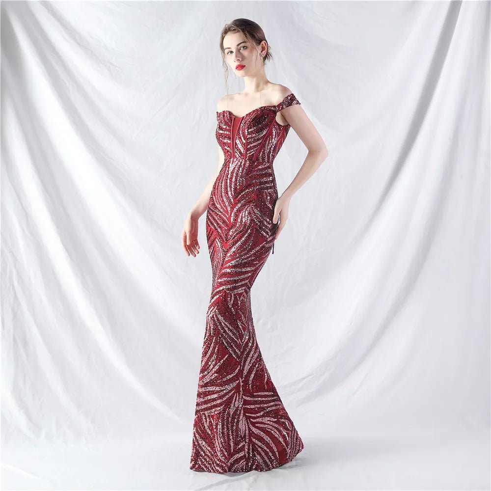 Women's Sequin Formal Evening Gown with strapless neckline and sparkling sequin design for weddings and parties