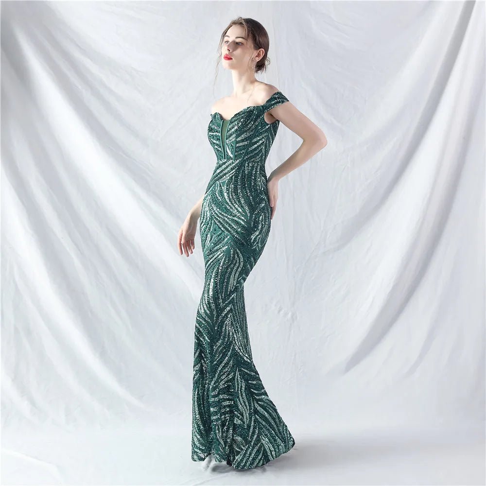 Women's Sequin Formal Evening Gown with strapless neckline and sparkling sequin design for weddings and parties