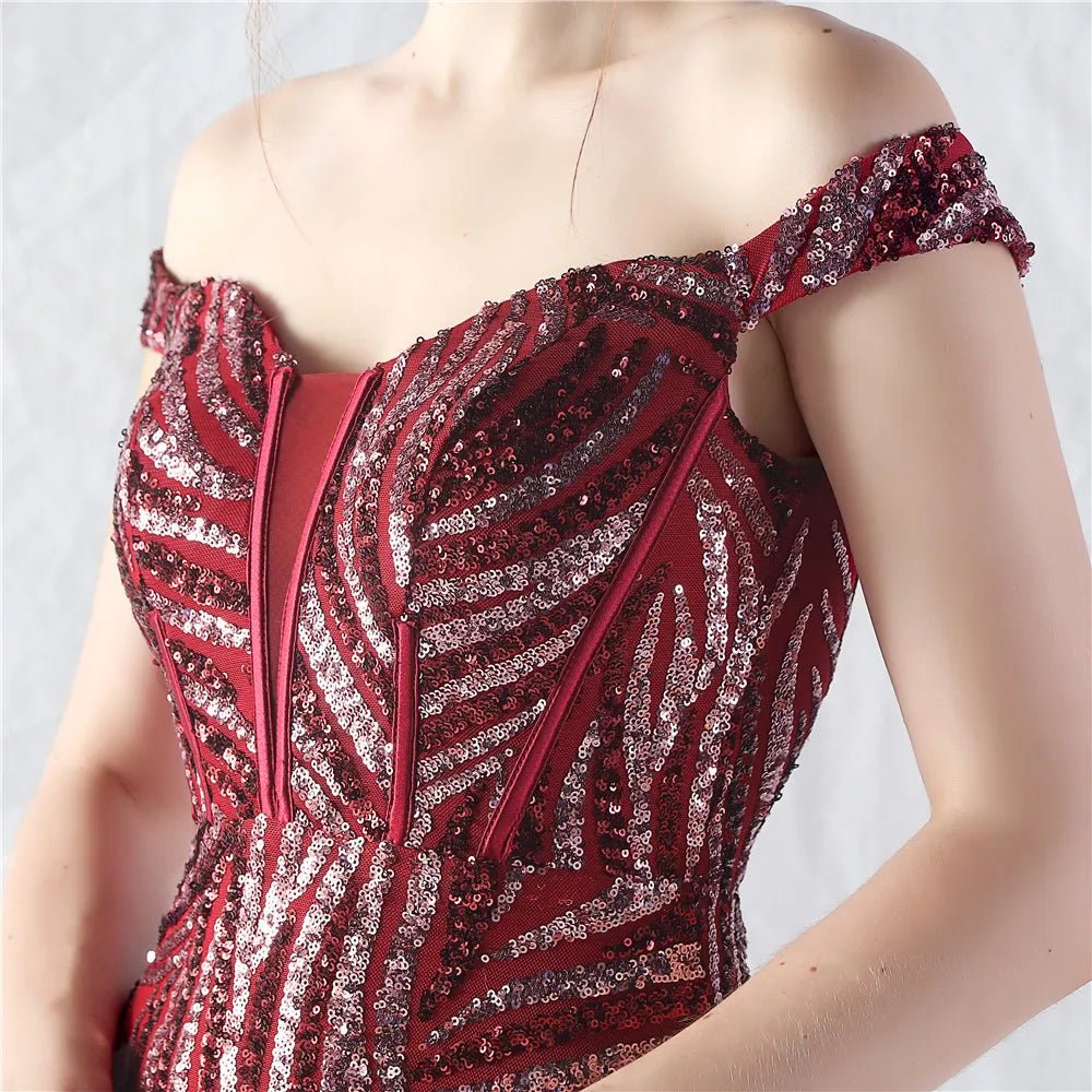 Women's Sequin Formal Evening Gown with strapless neckline and sparkling sequin design for weddings and parties