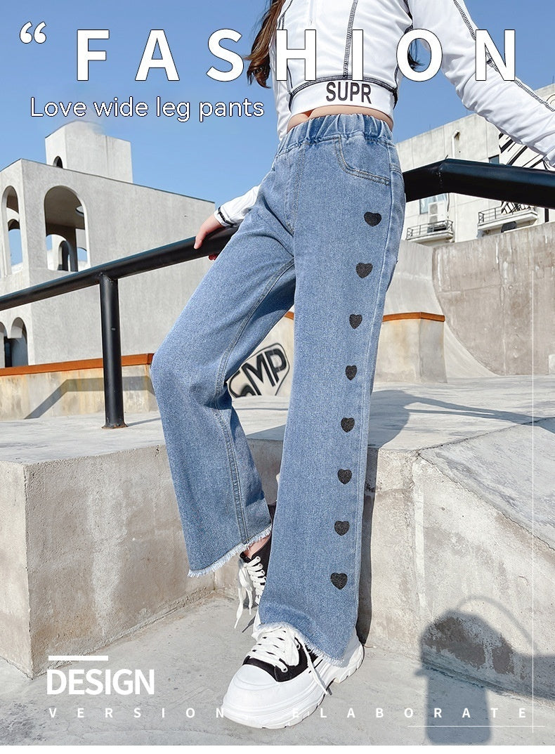Girls Denim Funky Casual Love Wide Leg Pants