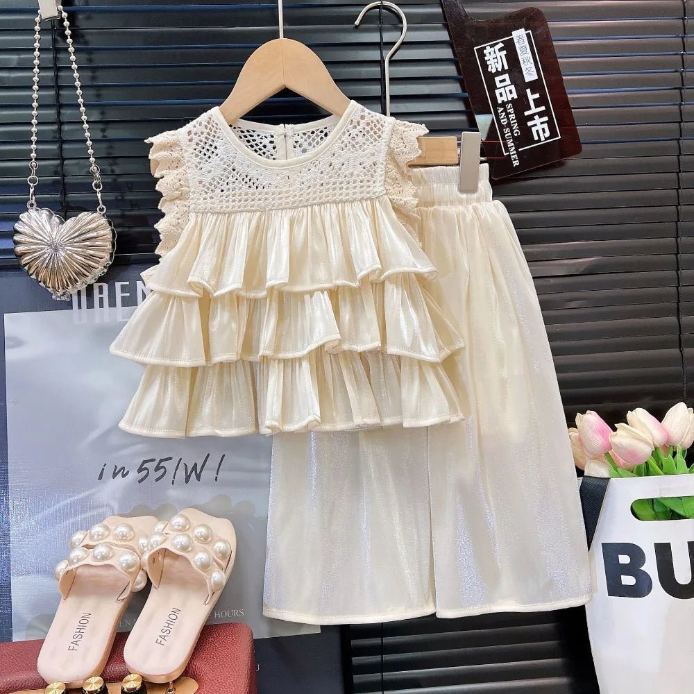 Bear Leader Summer Korean Version Girl Suits Flying Sleeve Round Neck Doll Shirt + wide Leg Pants 2-Pcs Set Kids Clothing - Mom & Kids