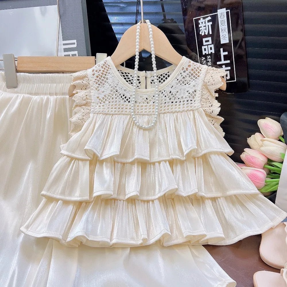 Bear Leader Summer Korean Version Girl Suits Flying Sleeve Round Neck Doll Shirt + wide Leg Pants 2-Pcs Set Kids Clothing - Mom & Kids