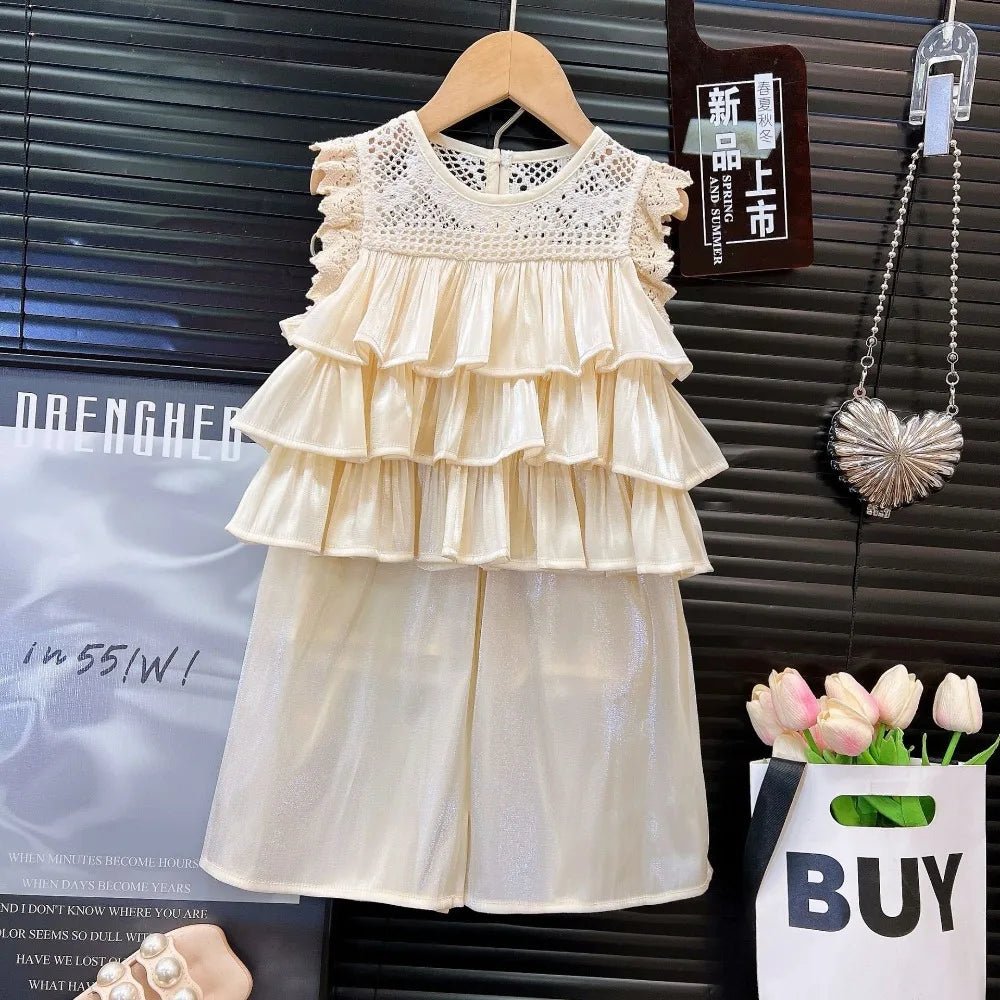 Bear Leader Summer Korean Version Girl Suits Flying Sleeve Round Neck Doll Shirt + wide Leg Pants 2-Pcs Set Kids Clothing - Mom & Kids