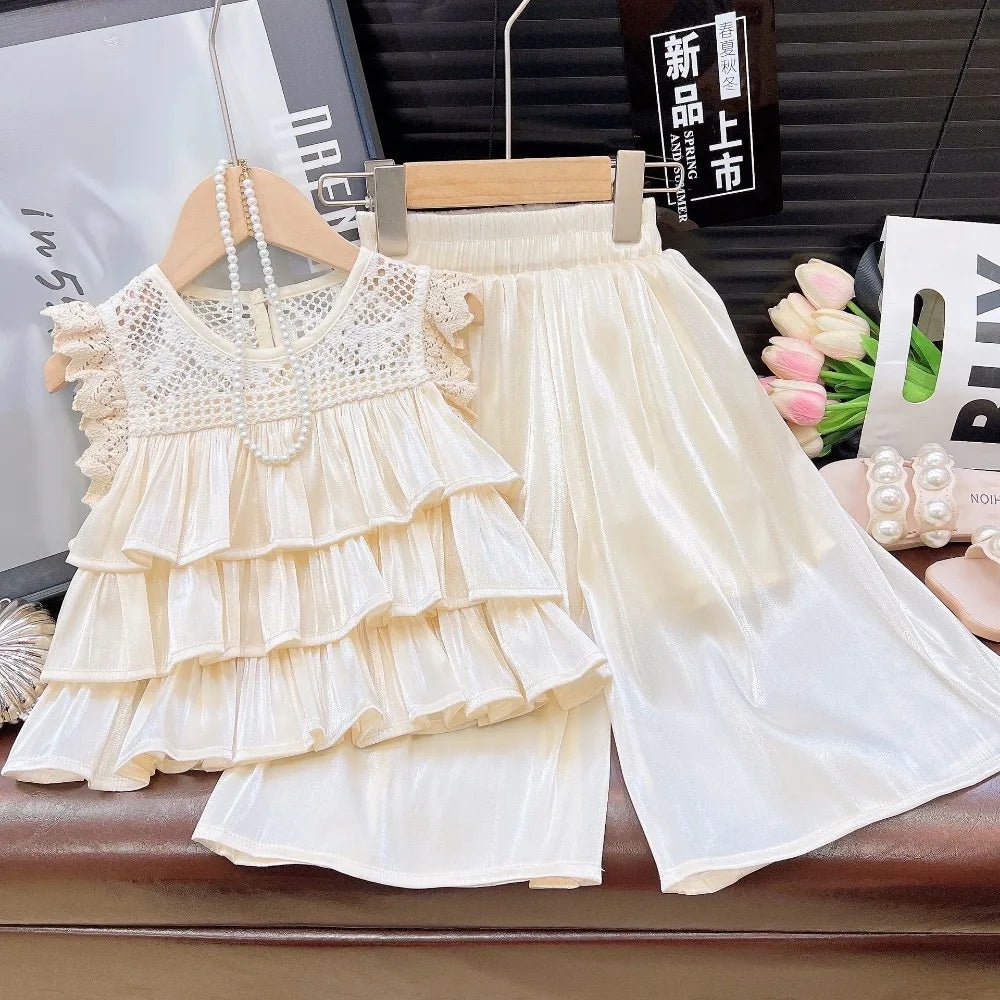 Bear Leader Summer Korean Version Girl Suits Flying Sleeve Round Neck Doll Shirt + wide Leg Pants 2-Pcs Set Kids Clothing - Mom & Kids