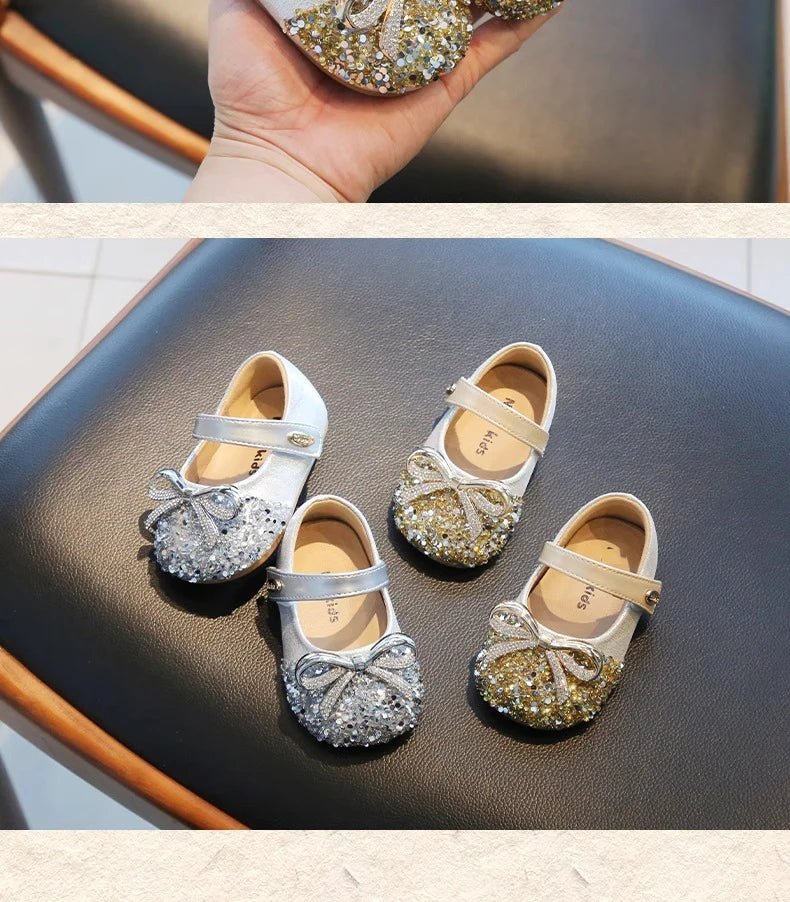 Bling Sequine Flats Shoes For Kids Princess Gold Silver Bowtie Dress Shoes For Toddler Girls Spring Autumn Causal Baby Walkers - Mom & Kids