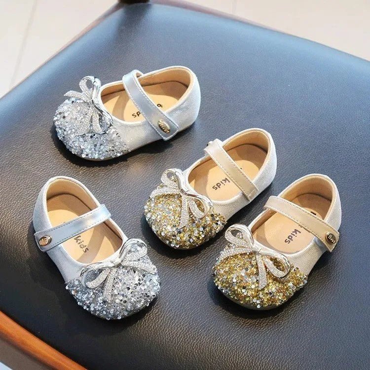 Bling Sequine Flats Shoes For Kids Princess Gold Silver Bowtie Dress Shoes For Toddler Girls Spring Autumn Causal Baby Walkers - Mom & Kids