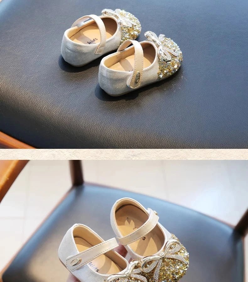 Bling Sequine Flats Shoes For Kids Princess Gold Silver Bowtie Dress Shoes For Toddler Girls Spring Autumn Causal Baby Walkers - Mom & Kids