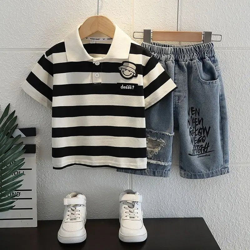 Boys 2025 Summer Outfit T-Shirt and Jeans Korean Polo Fashion 2PCS Casual Clothing Korean Reviews Top Toddler Kids Clothes Sets (Available ) - Mom & Kids