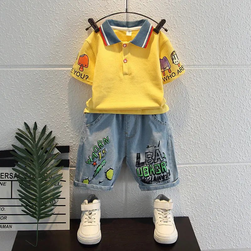 Boys 2025 Summer Outfit T-Shirt and Jeans Korean Polo Fashion 2PCS Casual Clothing Korean Reviews Top Toddler Kids Clothes Sets (Available ) - Mom & Kids