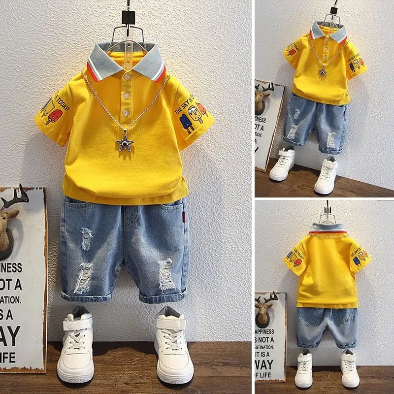 Boys 2025 Summer Outfit T-Shirt and Jeans Korean Polo Fashion 2PCS Casual Clothing Korean Reviews Top Toddler Kids Clothes Sets (Available ) - Mom & Kids