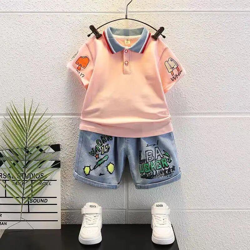 Boys 2025 Summer Outfit T-Shirt and Jeans Korean Polo Fashion 2PCS Casual Clothing Korean Reviews Top Toddler Kids Clothes Sets (Available ) - Mom & Kids