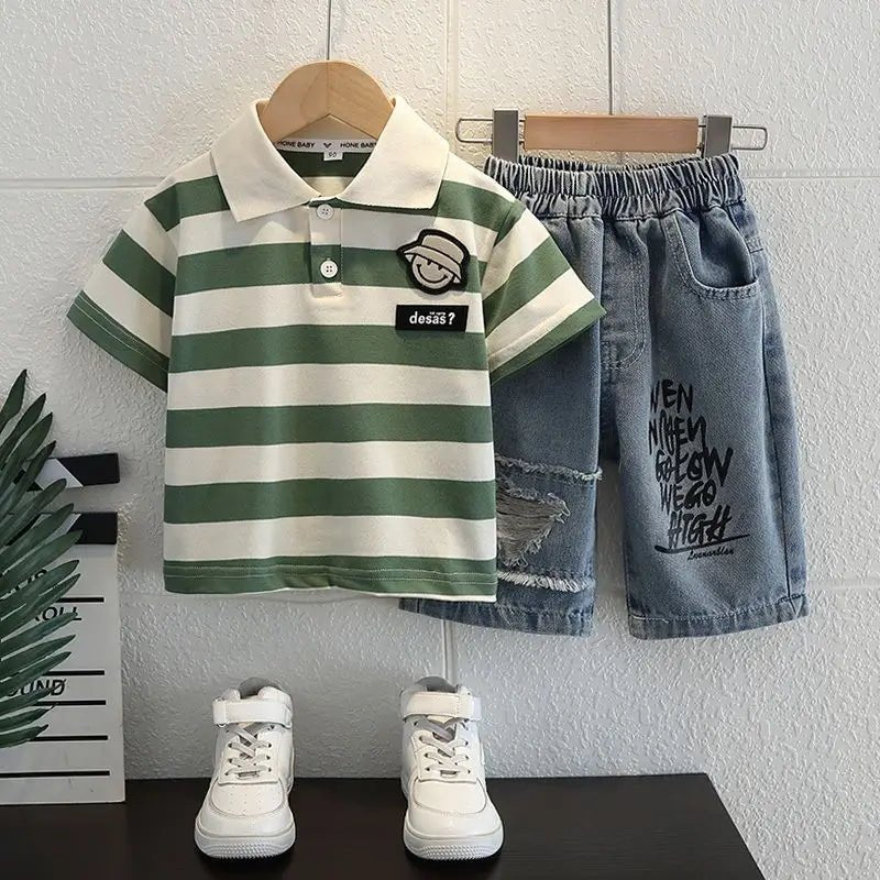 Boys 2025 Summer Outfit T-Shirt and Jeans Korean Polo Fashion 2PCS Casual Clothing Korean Reviews Top Toddler Kids Clothes Sets (Available ) - Mom & Kids