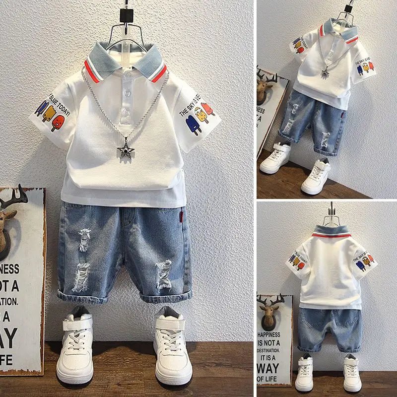 Boys 2025 Summer Outfit T-Shirt and Jeans Korean Polo Fashion 2PCS Casual Clothing Korean Reviews Top Toddler Kids Clothes Sets (Available ) - Mom & Kids