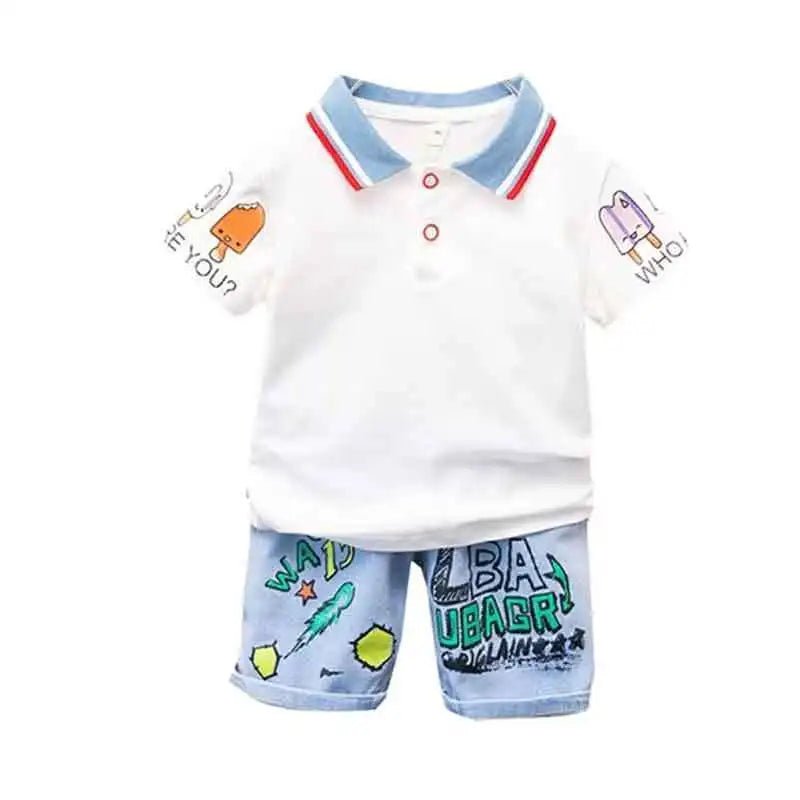 Boys 2025 Summer Outfit T-Shirt and Jeans Korean Polo Fashion 2PCS Casual Clothing Korean Reviews Top Toddler Kids Clothes Sets (Available ) - Mom & Kids