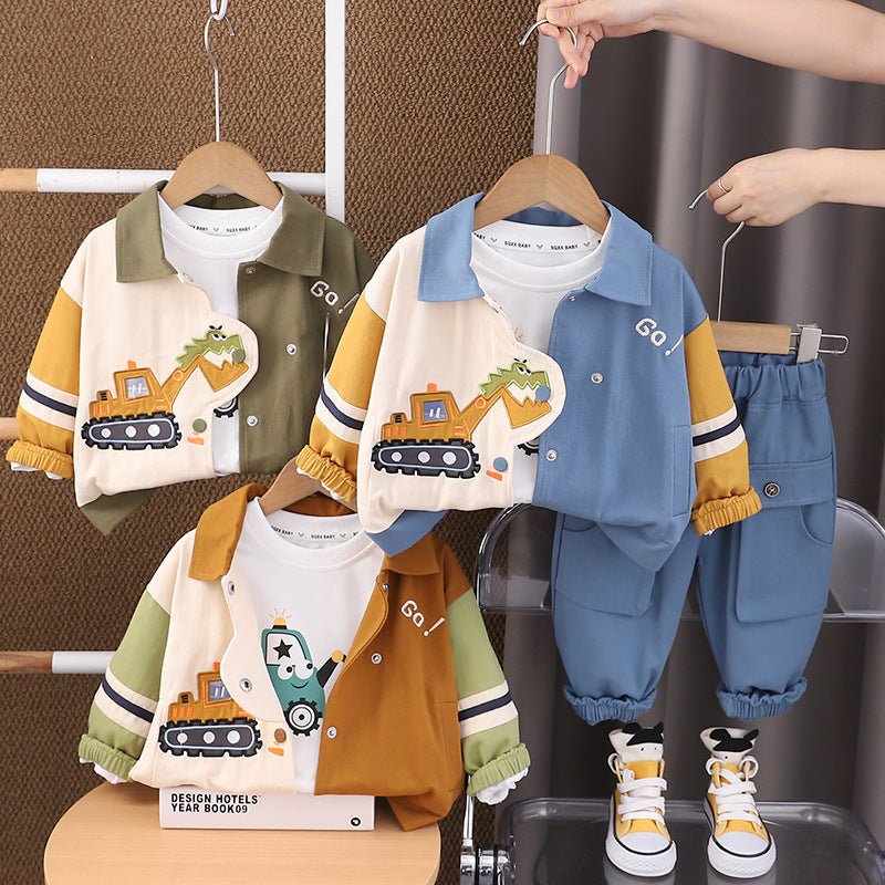 Boys' Autumn Dress Foreign Style Cartoon Digger Three-Piece Suit Baby's Autumn Handsome Baby Clothes Trendy Children's Foreign Style - Mom & Kids