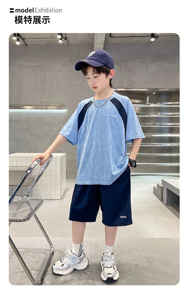 Boys Clothes Sets Summer Kids Sport Short Sleeve T-shirt + Shorts 2 Pieces Suit Teenage Child Outfits For 5 6 8 10 12 14 Years - Mom & Kids