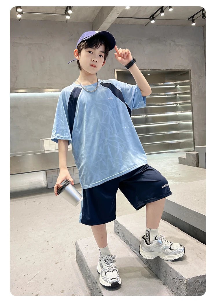 Boys Clothes Sets Summer Kids Sport Short Sleeve T-shirt + Shorts 2 Pieces Suit Teenage Child Outfits For 5 6 8 10 12 14 Years - Mom & Kids