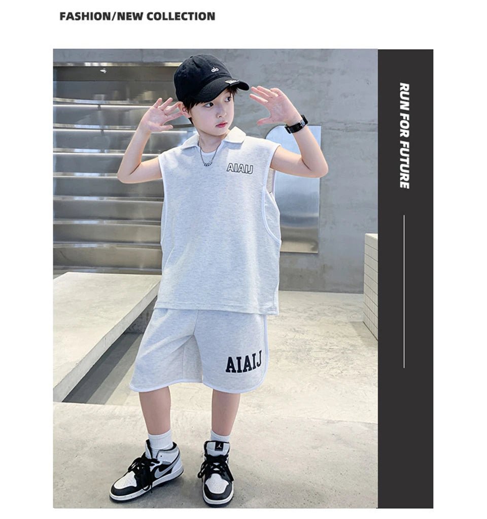 Boys Clothing Set American Style Children Vintage Vest Casual Sport Loose Pullover Sleeveless T-shirt Top Shorts Two-piece Set - Mom & Kids