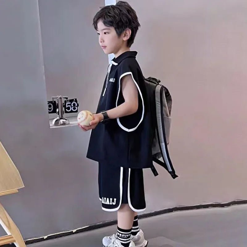 Boys Clothing Set American Style Children Vintage Vest Casual Sport Loose Pullover Sleeveless T-shirt Top Shorts Two-piece Set - Mom & Kids