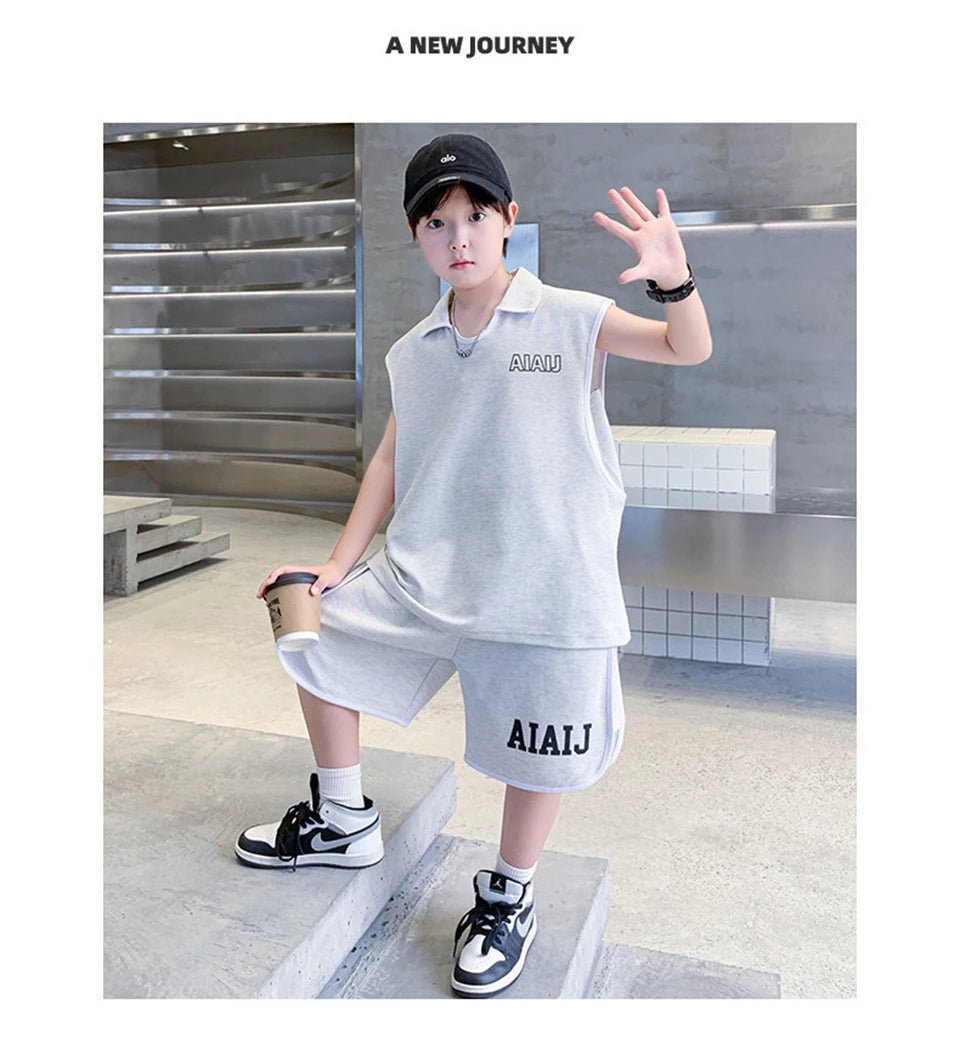 Boys Clothing Set American Style Children Vintage Vest Casual Sport Loose Pullover Sleeveless T-shirt Top Shorts Two-piece Set - Mom & Kids