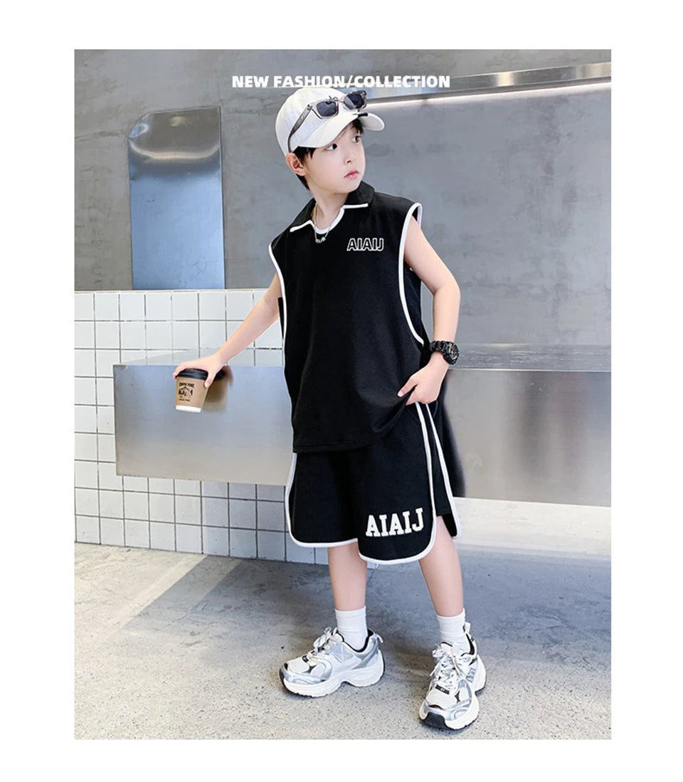 Boys Clothing Set American Style Children Vintage Vest Casual Sport Loose Pullover Sleeveless T-shirt Top Shorts Two-piece Set - Mom & Kids