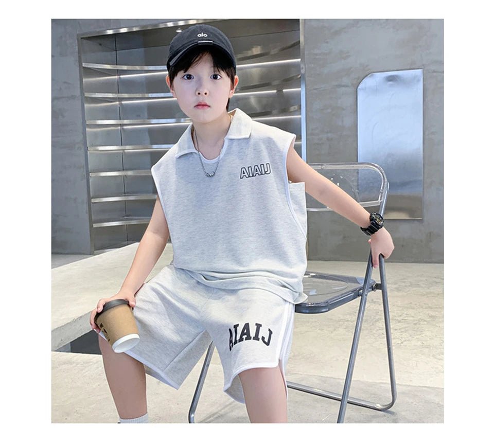 Boys Clothing Set American Style Children Vintage Vest Casual Sport Loose Pullover Sleeveless T-shirt Top Shorts Two-piece Set - Mom & Kids
