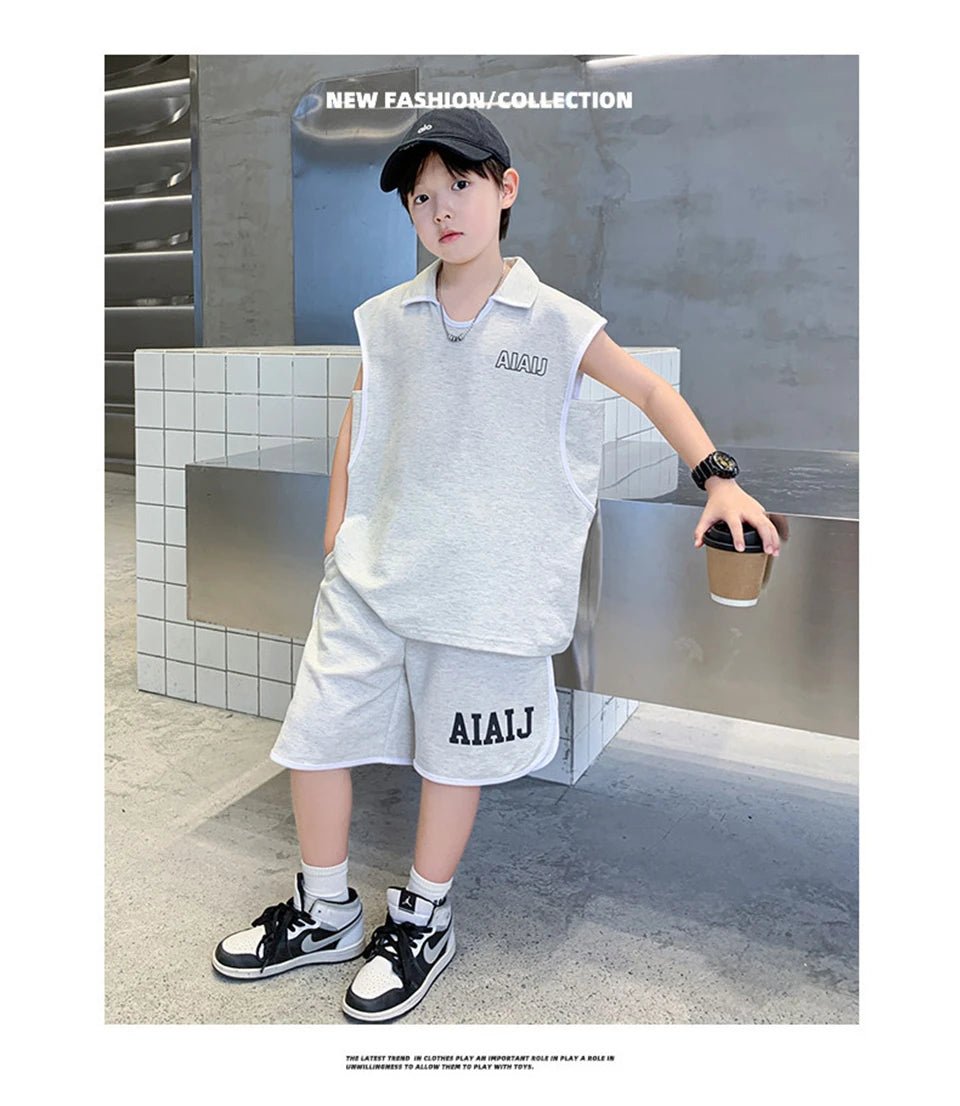 Boys Clothing Set American Style Children Vintage Vest Casual Sport Loose Pullover Sleeveless T-shirt Top Shorts Two-piece Set - Mom & Kids