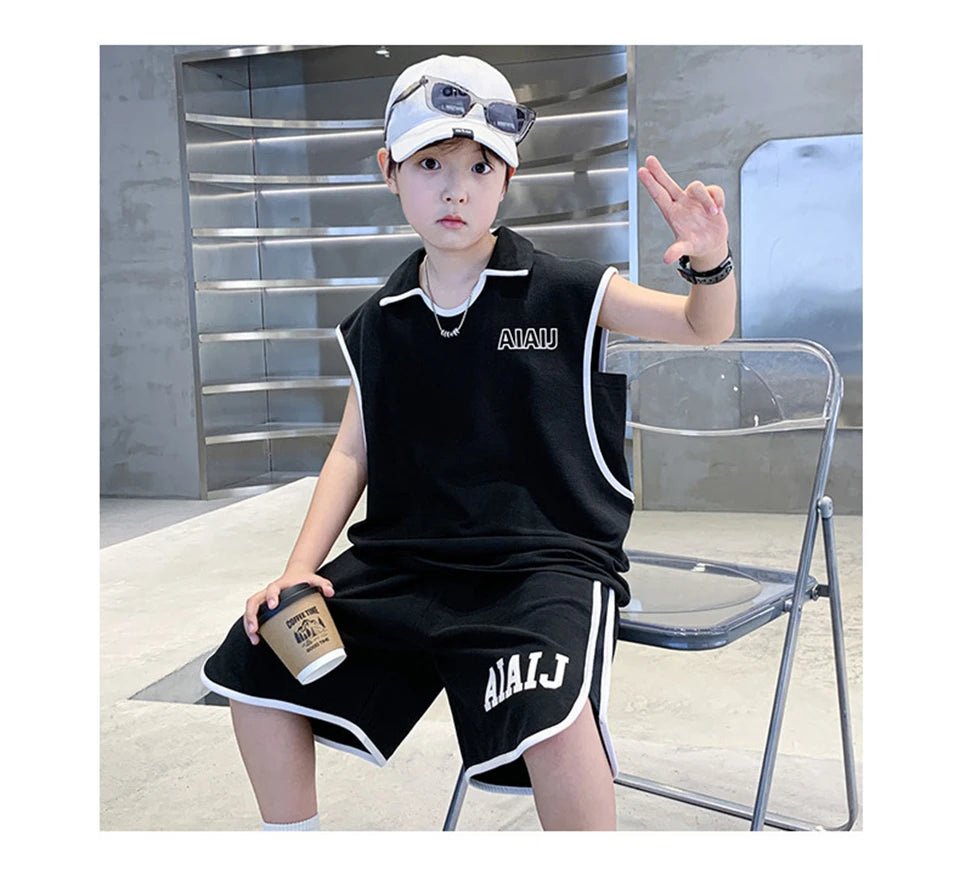 Boys Clothing Set American Style Children Vintage Vest Casual Sport Loose Pullover Sleeveless T-shirt Top Shorts Two-piece Set - Mom & Kids