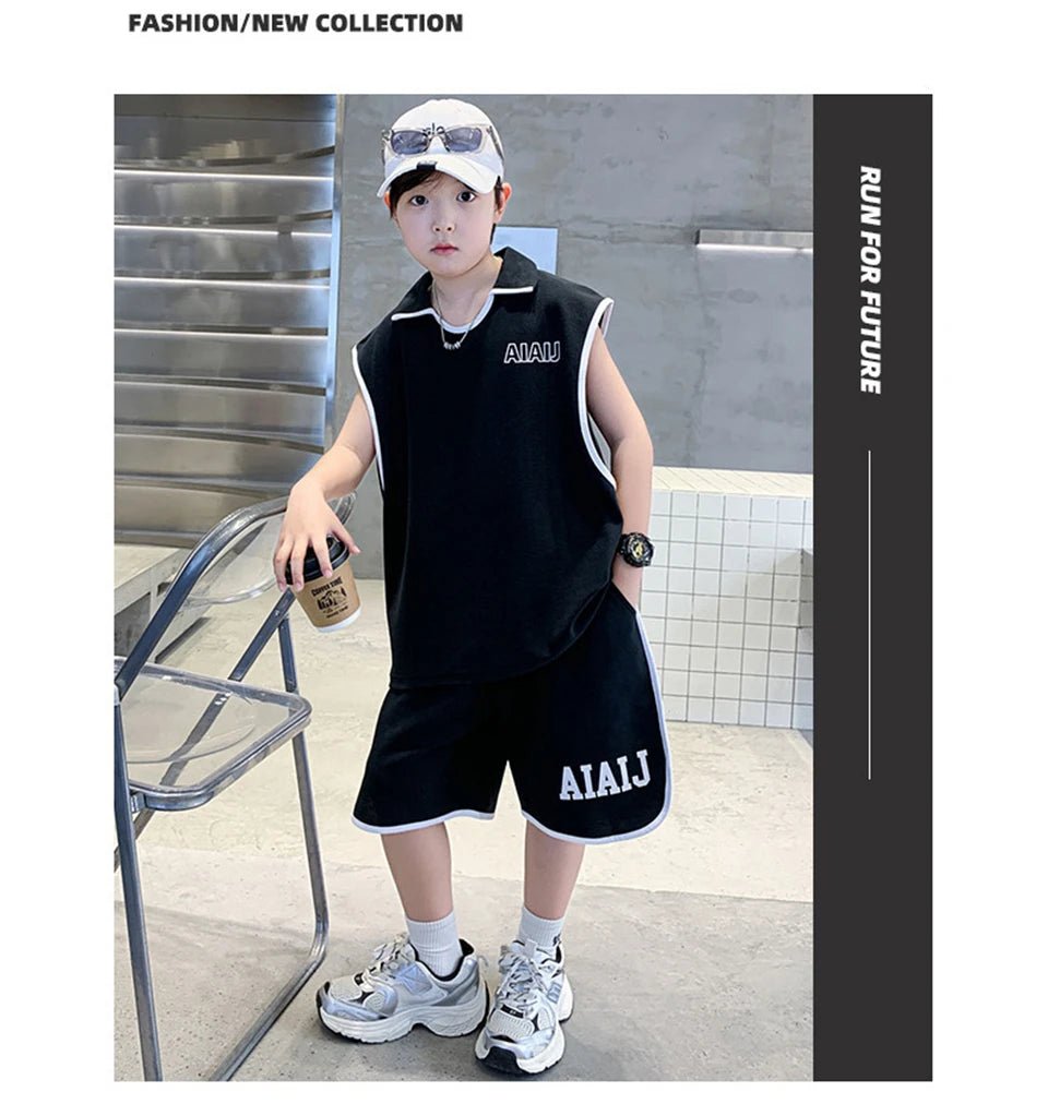 Boys Clothing Set American Style Children Vintage Vest Casual Sport Loose Pullover Sleeveless T-shirt Top Shorts Two-piece Set - Mom & Kids