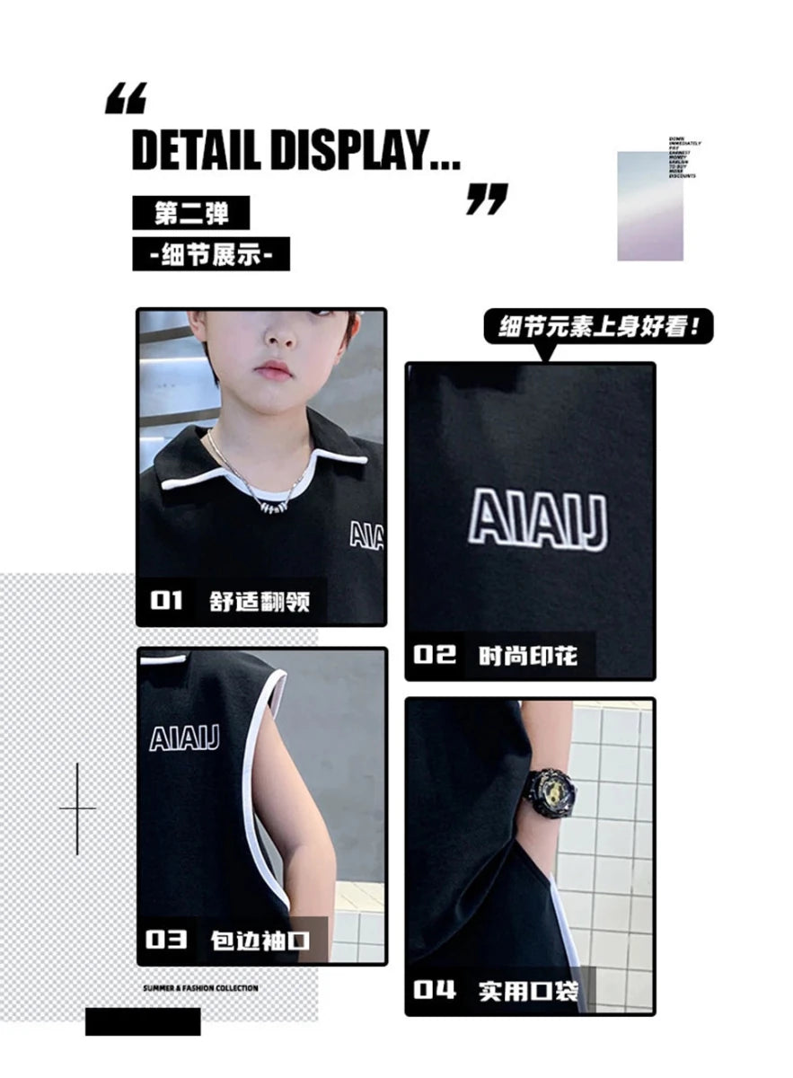 Boys Clothing Set American Style Children Vintage Vest Casual Sport Loose Pullover Sleeveless T-shirt Top Shorts Two-piece Set - Mom & Kids