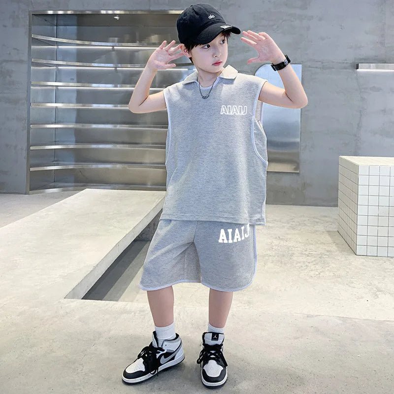 Boys Clothing Set American Style Children Vintage Vest Casual Sport Loose Pullover Sleeveless T-shirt Top Shorts Two-piece Set - Mom & Kids