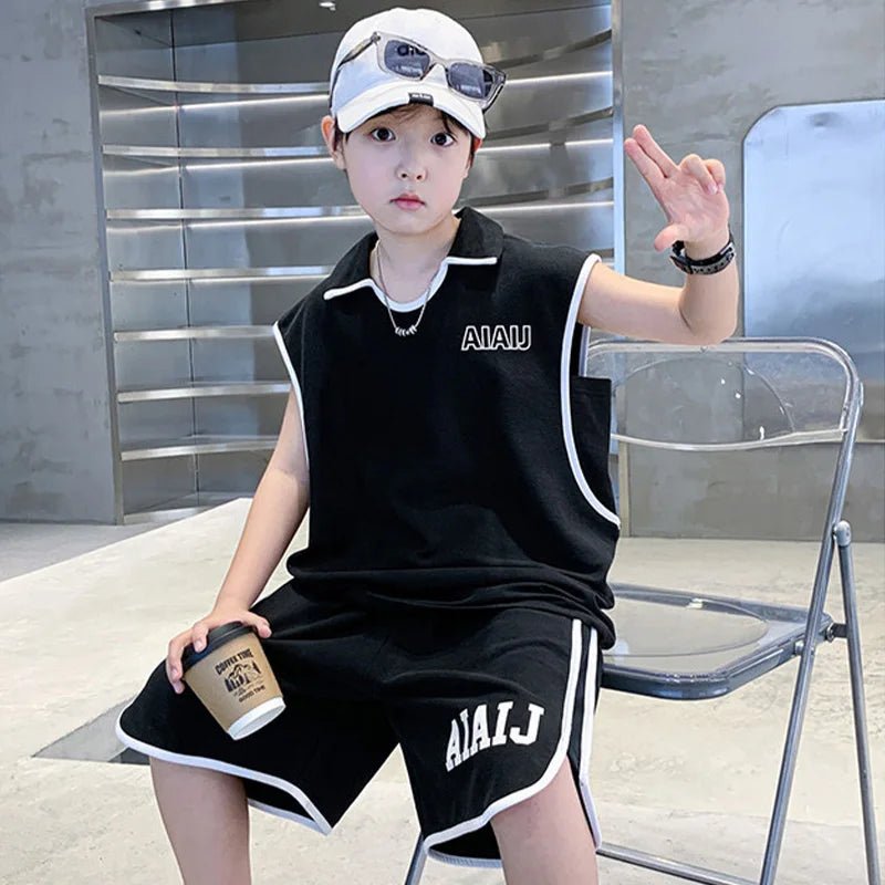 Boys Clothing Set American Style Children Vintage Vest Casual Sport Loose Pullover Sleeveless T-shirt Top Shorts Two-piece Set - Mom & Kids