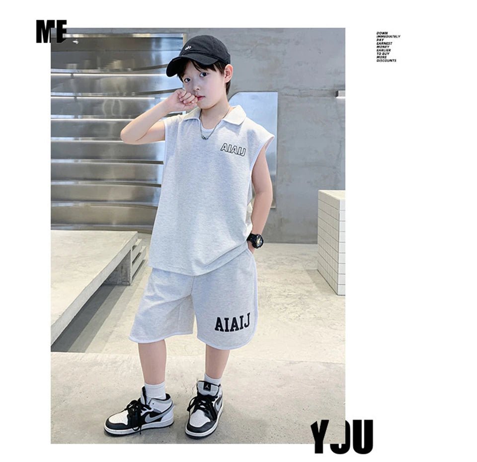 Boys Clothing Set American Style Children Vintage Vest Casual Sport Loose Pullover Sleeveless T-shirt Top Shorts Two-piece Set - Mom & Kids