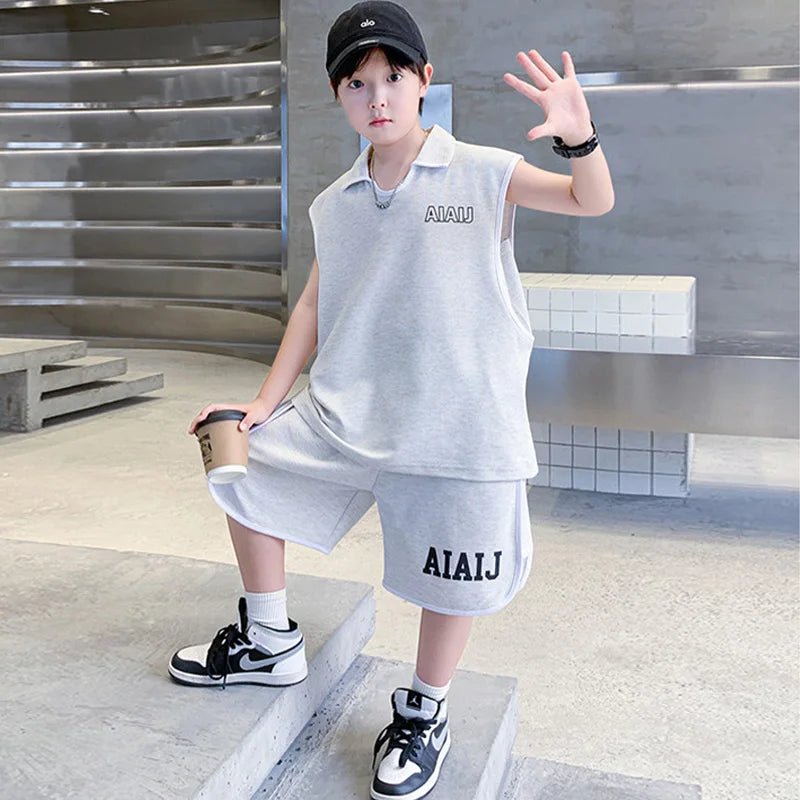 Boys Clothing Set American Style Children Vintage Vest Casual Sport Loose Pullover Sleeveless T-shirt Top Shorts Two-piece Set - Mom & Kids