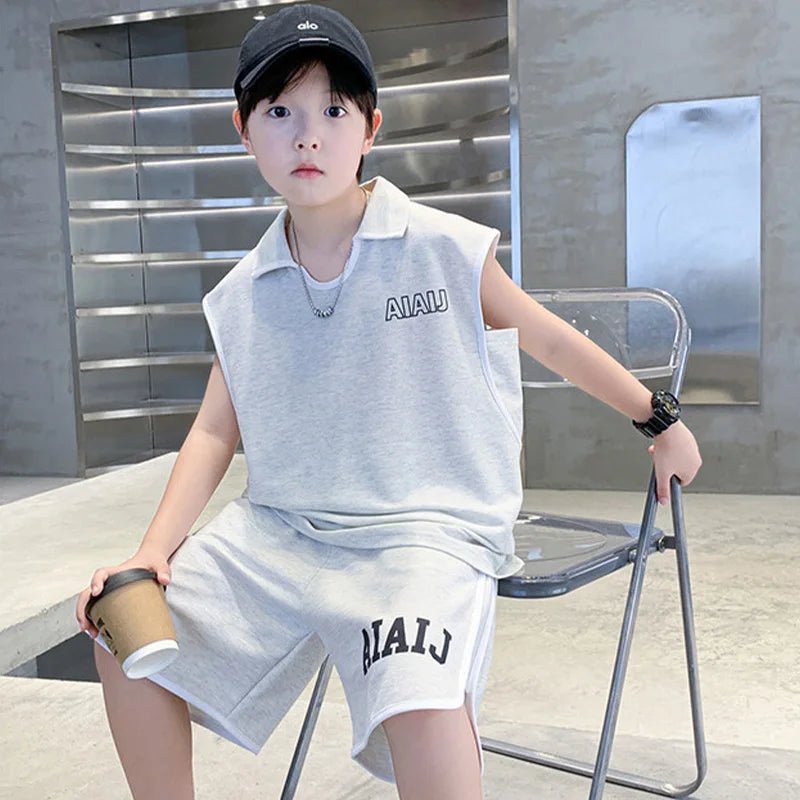 Boys Clothing Set American Style Children Vintage Vest Casual Sport Loose Pullover Sleeveless T-shirt Top Shorts Two-piece Set - Mom & Kids
