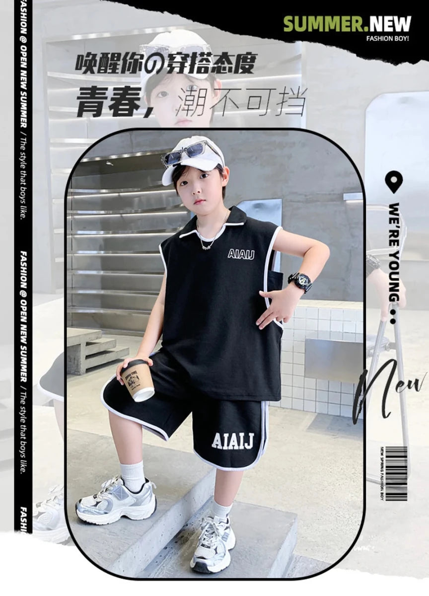 Boys Clothing Set American Style Children Vintage Vest Casual Sport Loose Pullover Sleeveless T-shirt Top Shorts Two-piece Set - Mom & Kids