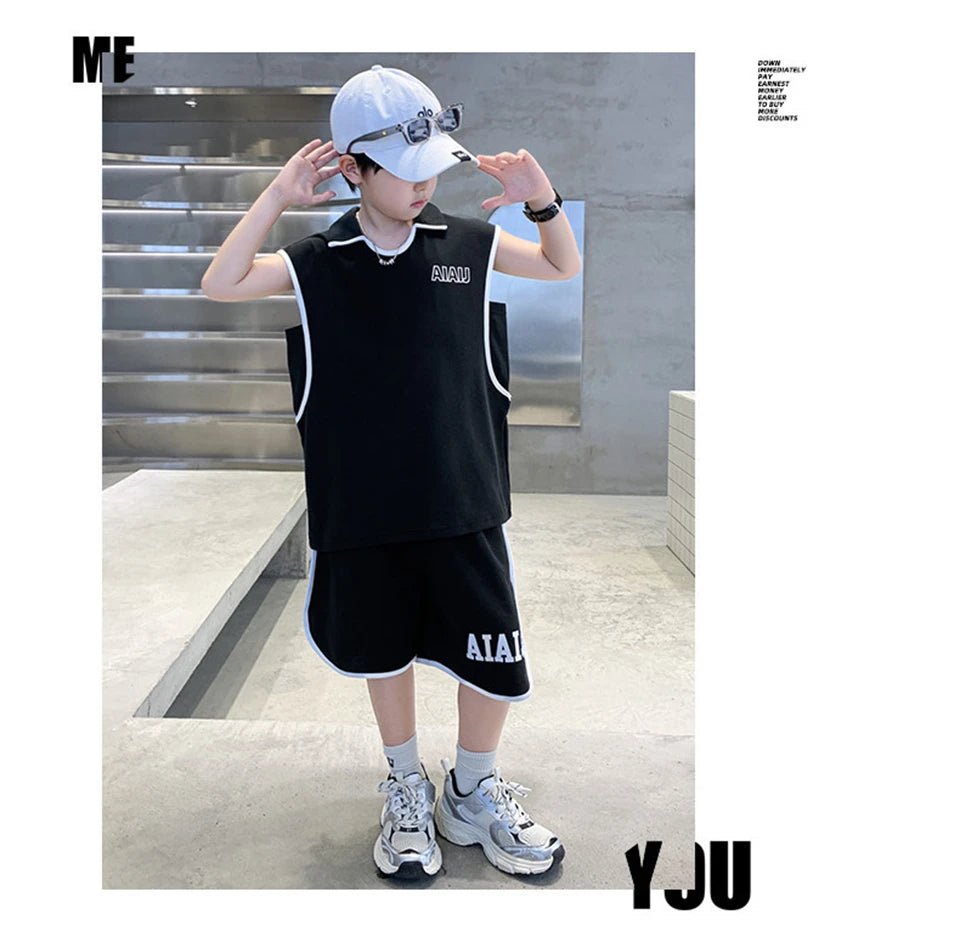 Boys Clothing Set American Style Children Vintage Vest Casual Sport Loose Pullover Sleeveless T-shirt Top Shorts Two-piece Set - Mom & Kids