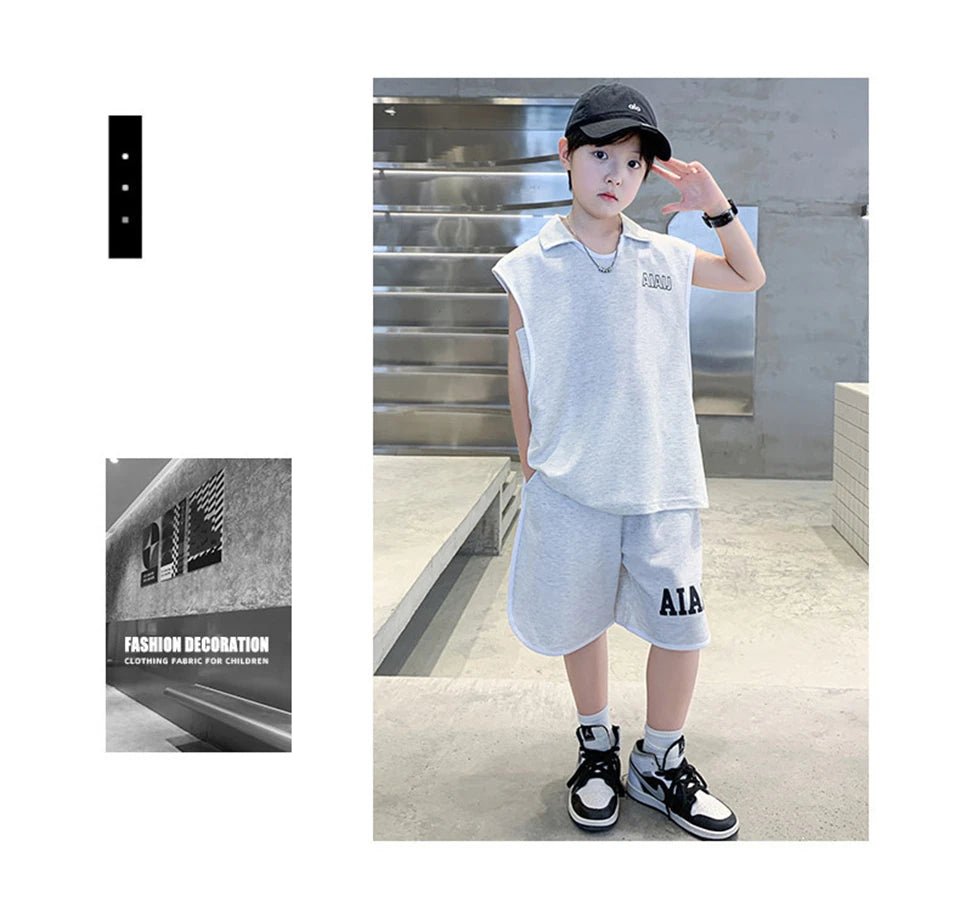 Boys Clothing Set American Style Children Vintage Vest Casual Sport Loose Pullover Sleeveless T-shirt Top Shorts Two-piece Set - Mom & Kids