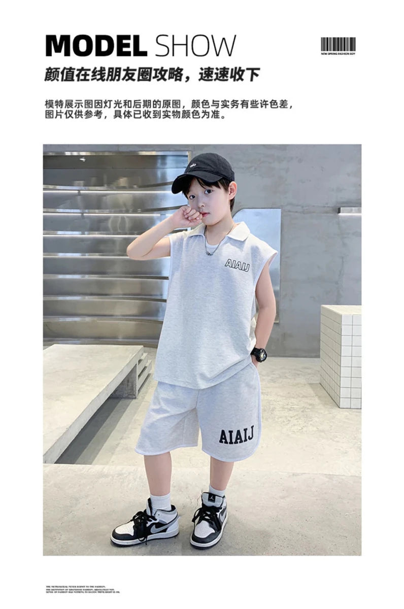 Boys Clothing Set American Style Children Vintage Vest Casual Sport Loose Pullover Sleeveless T-shirt Top Shorts Two-piece Set - Mom & Kids