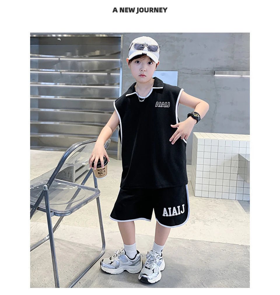 Boys Clothing Set American Style Children Vintage Vest Casual Sport Loose Pullover Sleeveless T-shirt Top Shorts Two-piece Set - Mom & Kids