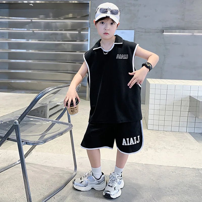 Boys Clothing Set American Style Children Vintage Vest Casual Sport Loose Pullover Sleeveless T-shirt Top Shorts Two-piece Set - Mom & Kids