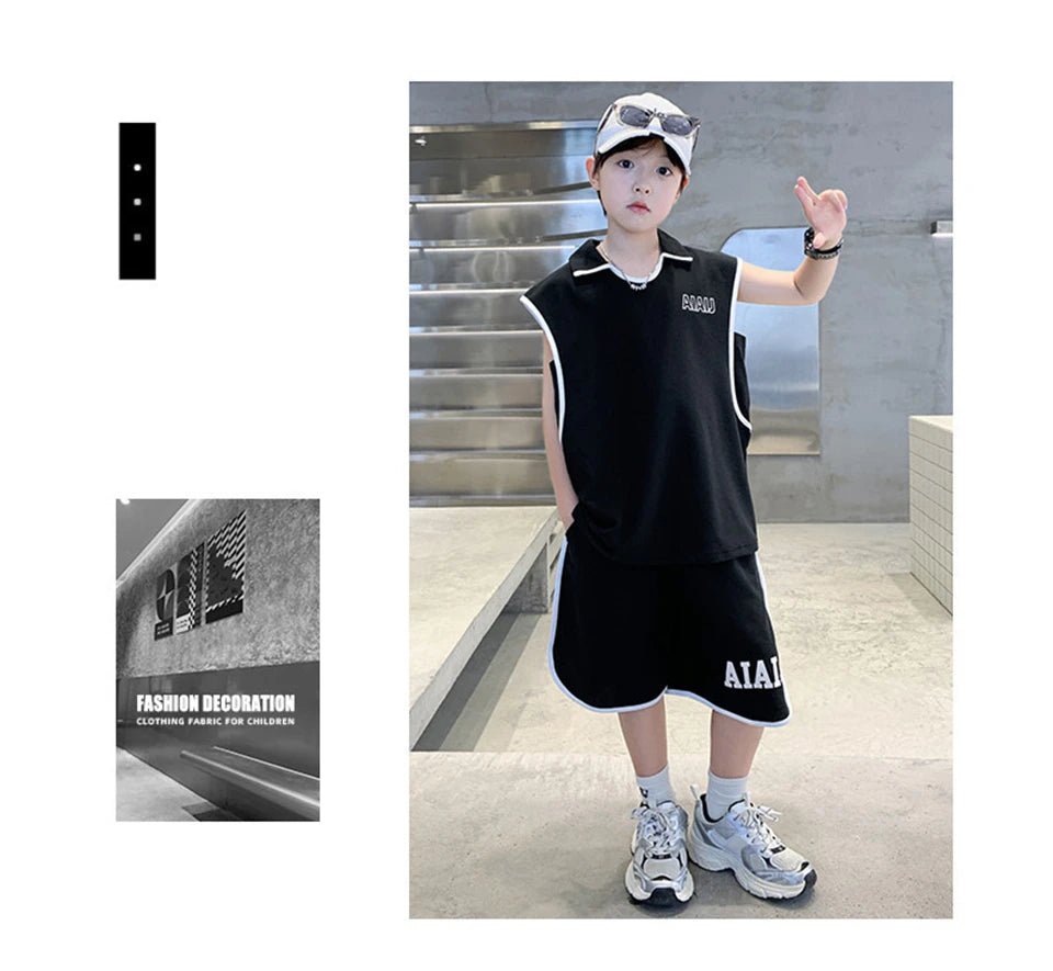 Boys Clothing Set American Style Children Vintage Vest Casual Sport Loose Pullover Sleeveless T-shirt Top Shorts Two-piece Set - Mom & Kids