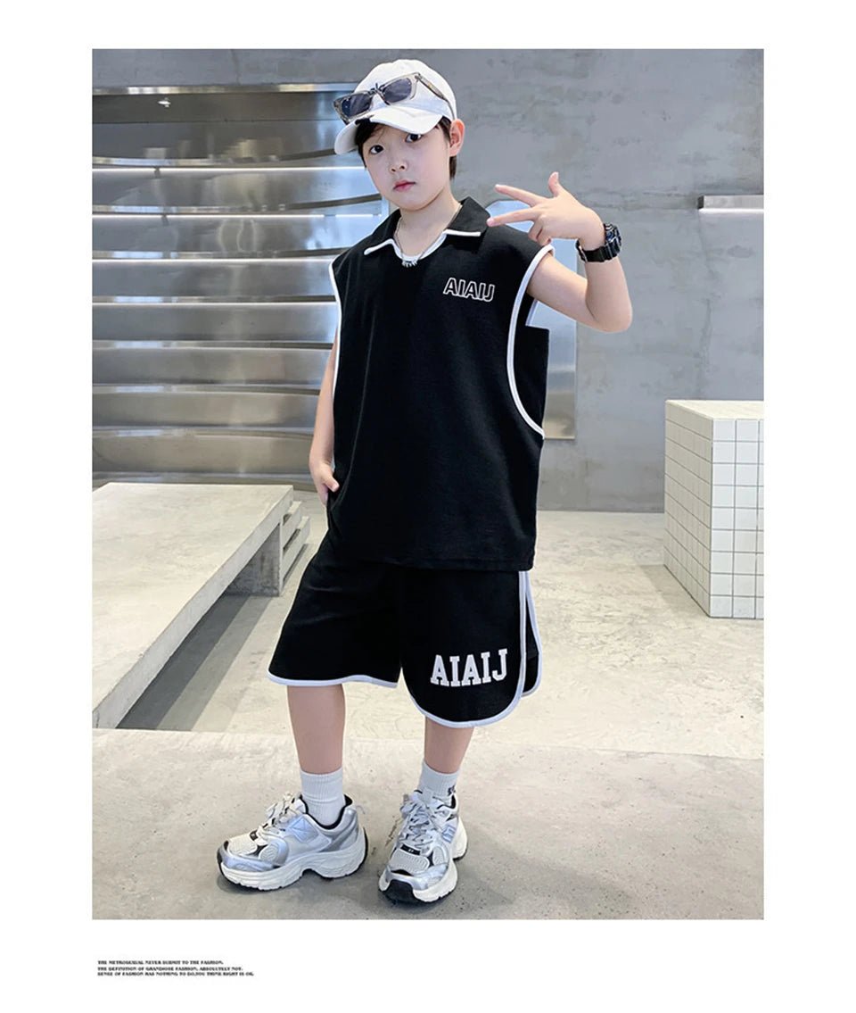 Boys Clothing Set American Style Children Vintage Vest Casual Sport Loose Pullover Sleeveless T-shirt Top Shorts Two-piece Set - Mom & Kids