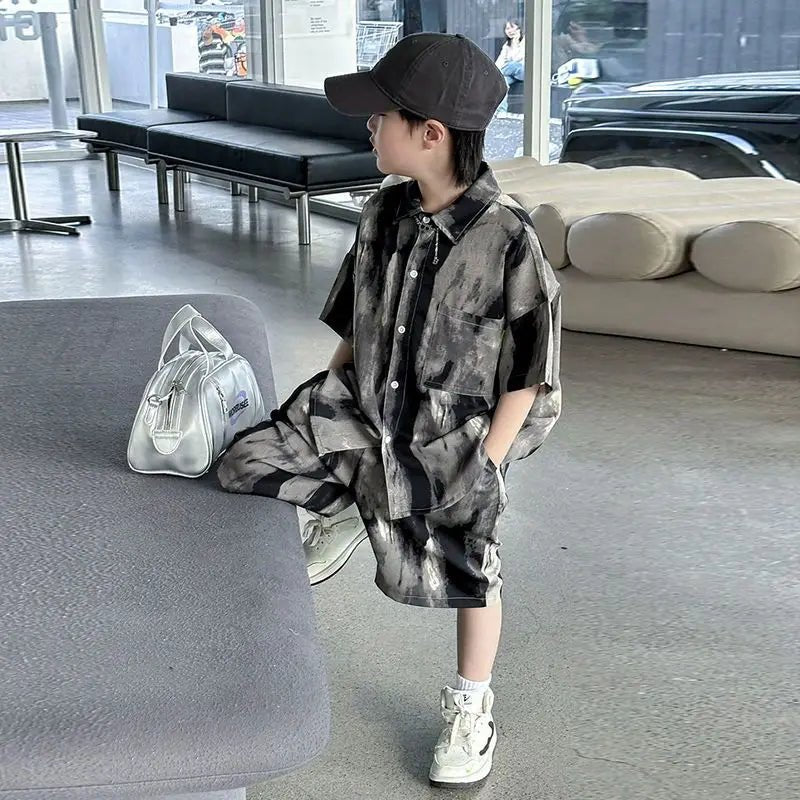 Boys Fashion Summer Tye-die Short Sleeve Shirts+Pants 2pcs Suits Years Kids Trend Streetwear Oufits Sets Children Clothing - Mom & Kids