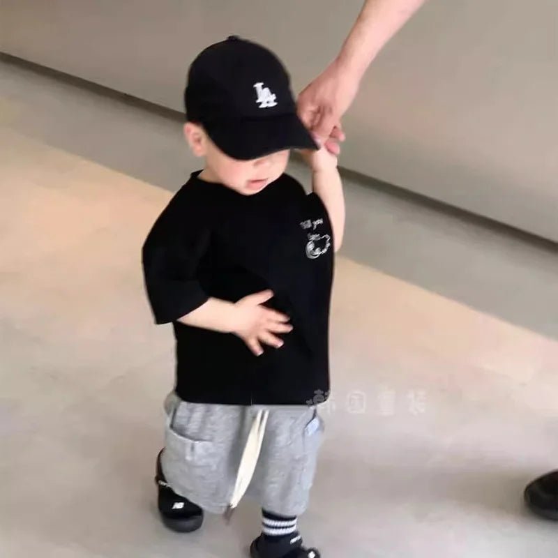 Boys' Short Sleeved Pure Cotton Base Shirt Loose Breathable Handsome Letter Button Stylish - Mom & Kids