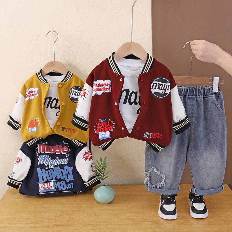 Boys' sports suit, spring and autumn 2026 new model, children's Korean-style letter graffiti baseball jacket three-piece set, trendy for boys - Mom & Kids