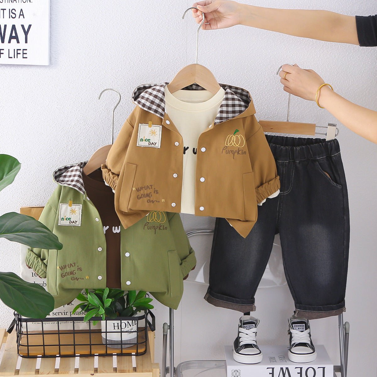 Boys' Spring Outfit Set 2026 New Stylish Children's Spring and Autumn Casual Plaid Hooded Three-Piece Set - Mom & Kids