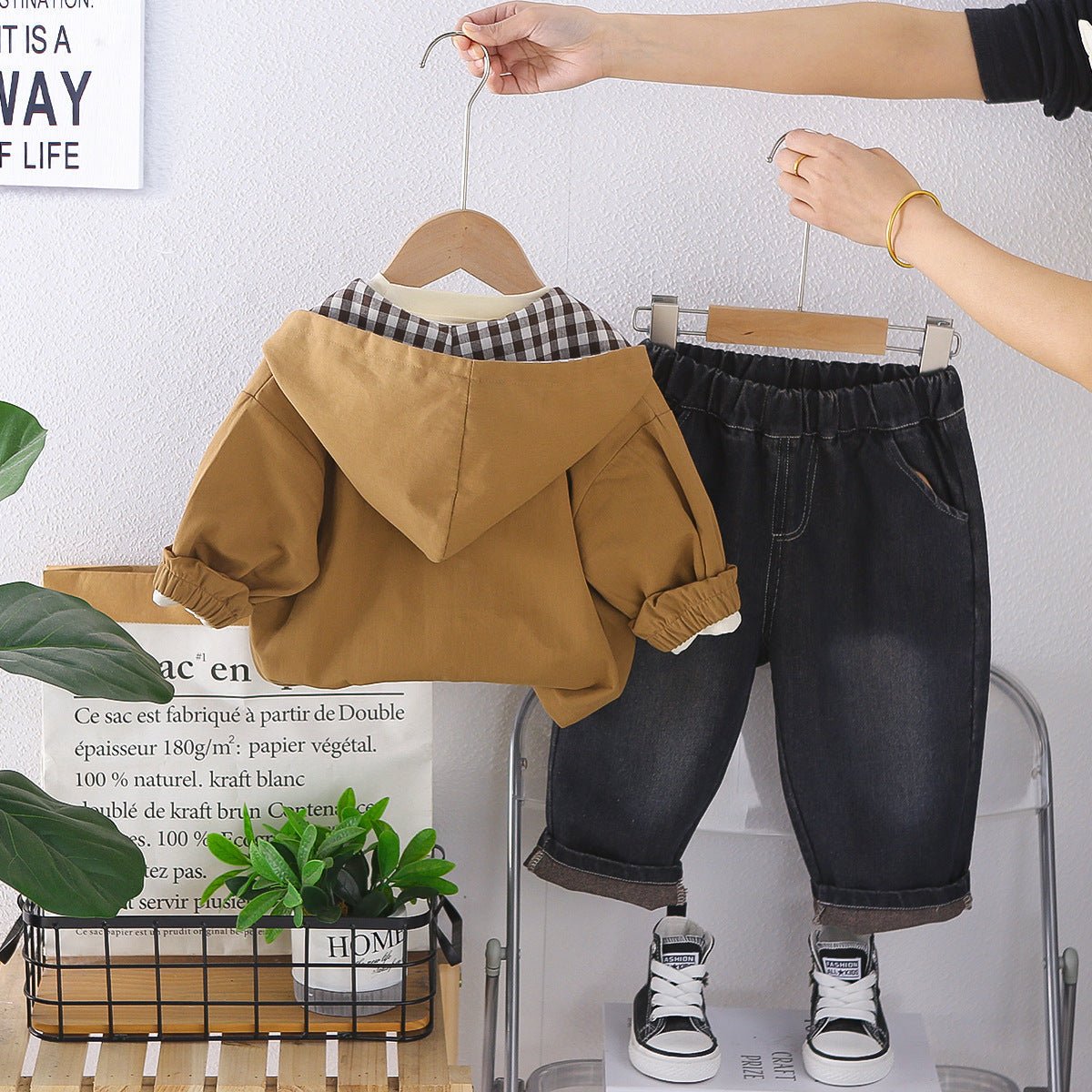 Boys' Spring Outfit Set 2026 New Stylish Children's Spring and Autumn Casual Plaid Hooded Three-Piece Set - Mom & Kids